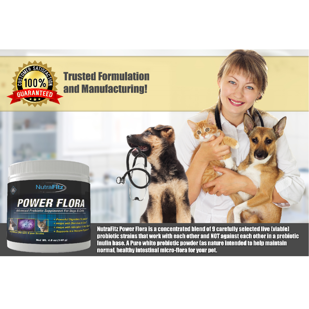 Power Flora - Probiotics for Dogs and Cats with 9 Live Strains - Dog Probiotics Improves Dog Breath, UTI, Diarrhea, Constipation, Skin Allergy, Hot Spots - Odorless Powder - 350 Billion CFU/jar