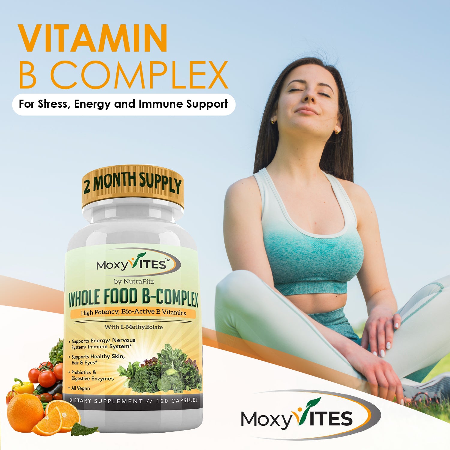 Vitamin B Complex - B Vitamins Whole Food Supplement, B12 Methylcobalamin, B1, B2, B3, B5, B6, B7, B9 - for Stress, Energy and Immune Support, Vegan, 120 Capsules